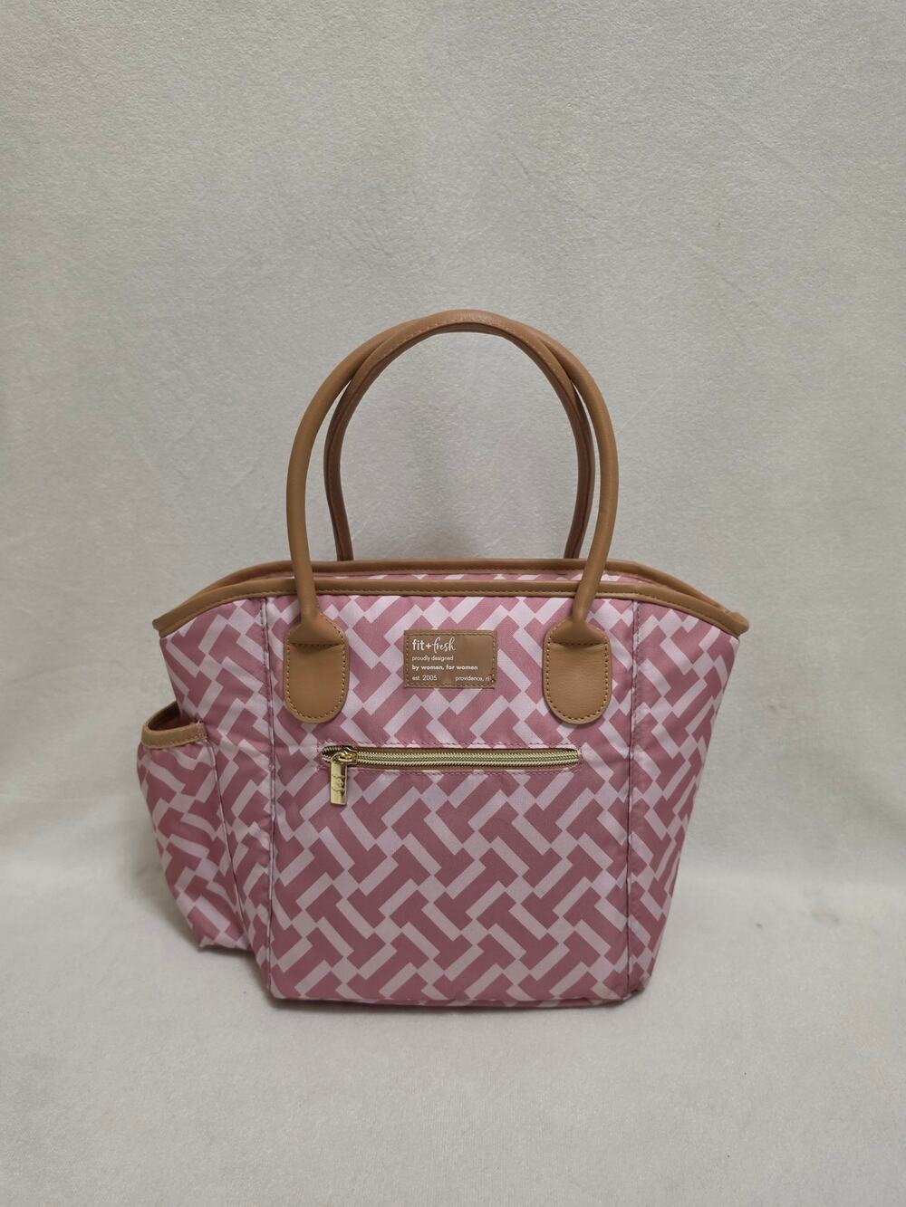Fit + Fresh Insulated Lunch Tote Bag Pink Geometric Print Zipper Pockets Travel